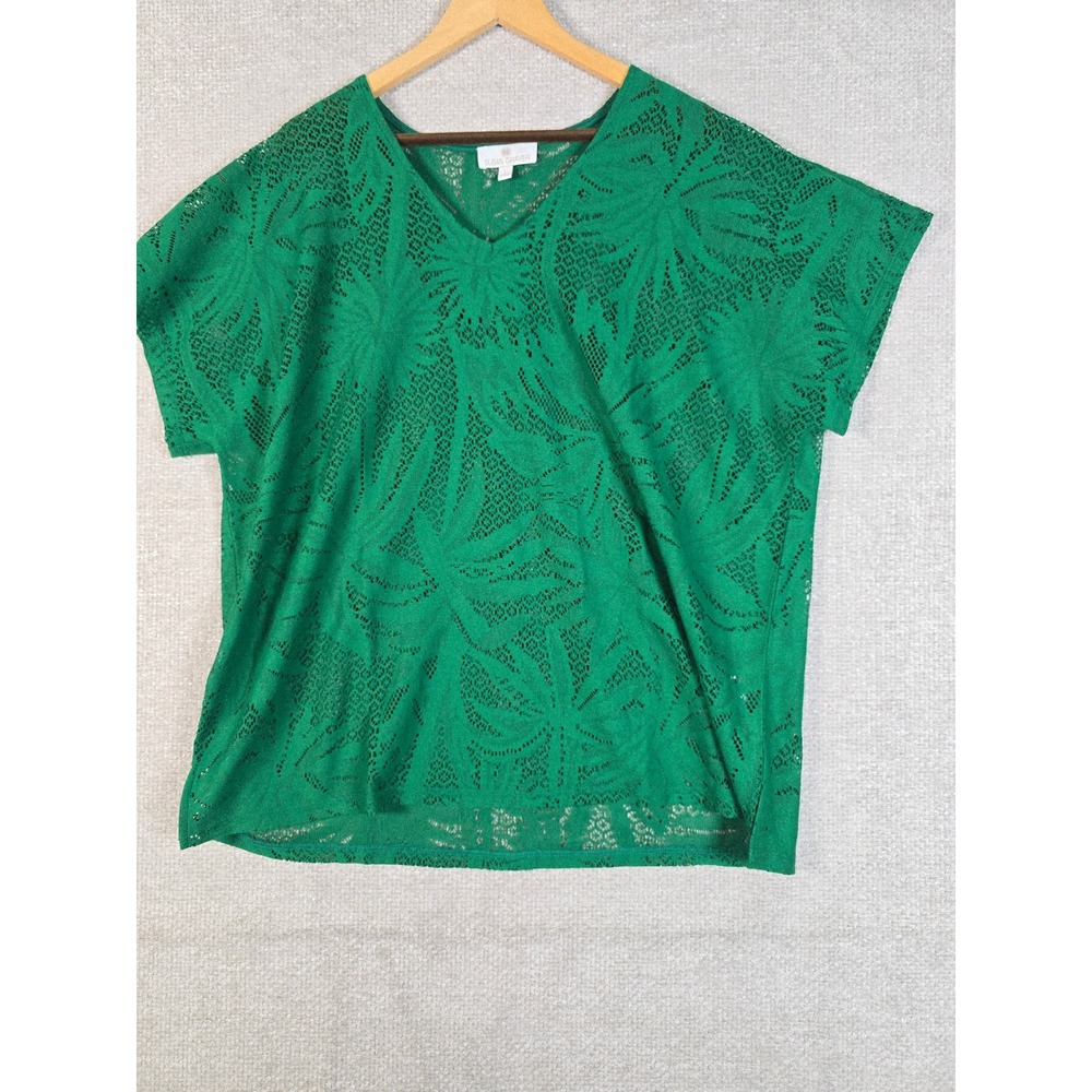 Susan Graver Womens Green Palm Leaf Lace V-Neck Short Sleeve Knit Top Size L